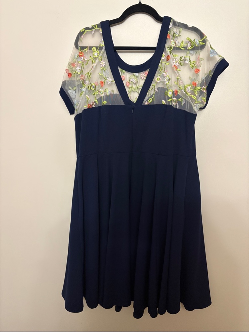 Embroidered Navy Mesh Yoke Mini Dress - Picture 3 of 3